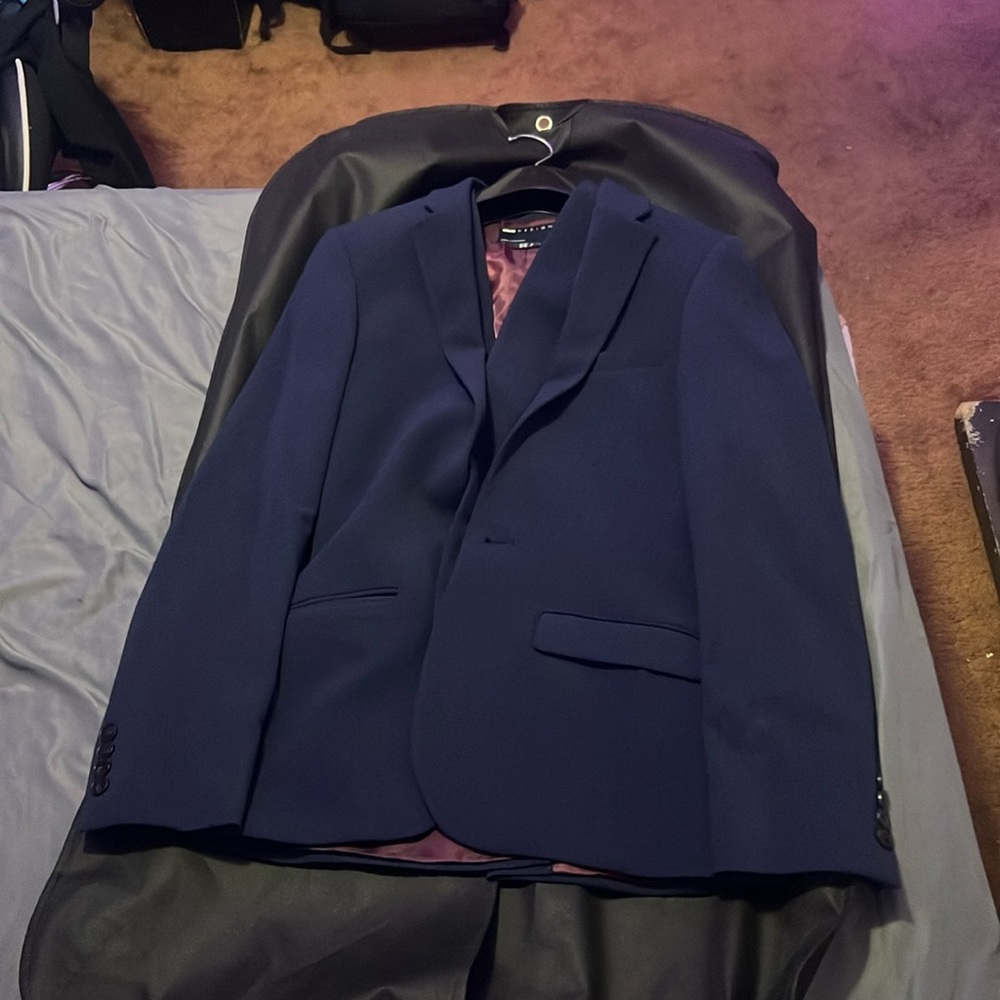 Full navy blue mens suit (jacket, vest, pants, tie)